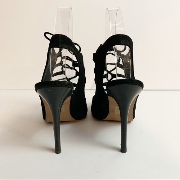 David Dixon Black Velvet Tie Up Front Cage Heel Women’s Size 7 - Picture 2 of 13